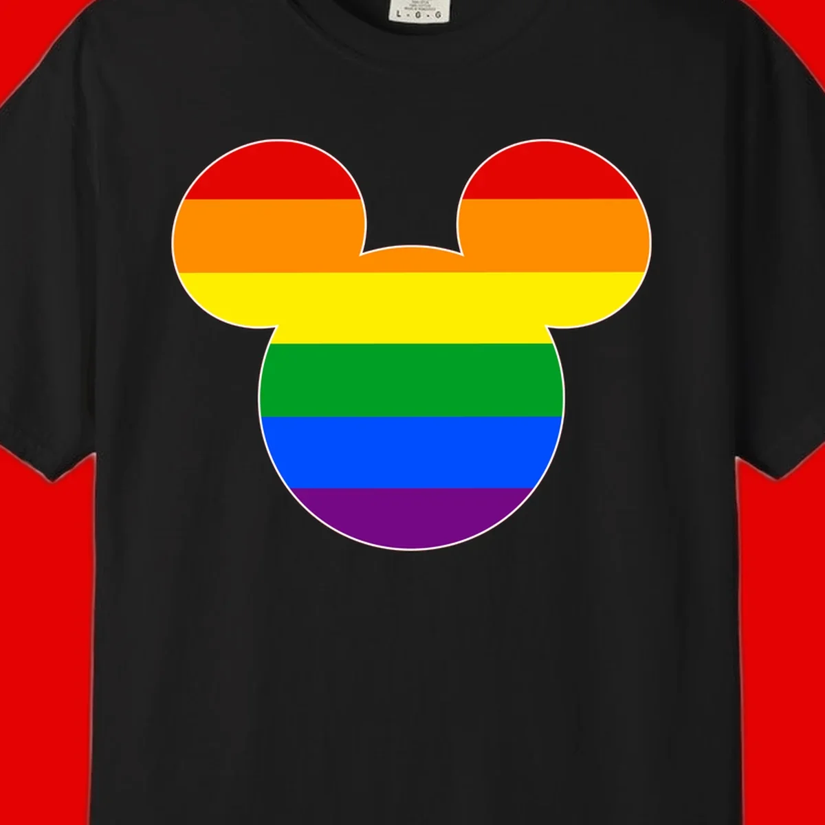 Rainbow pride flag Mickey Mouse ear silhouette with red, orange, yellow, green, blue and purple horizontal stripes