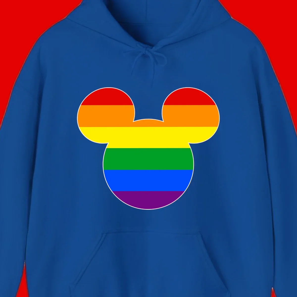 Rainbow pride flag Mickey Mouse ear silhouette with red, orange, yellow, green, blue and purple horizontal stripes