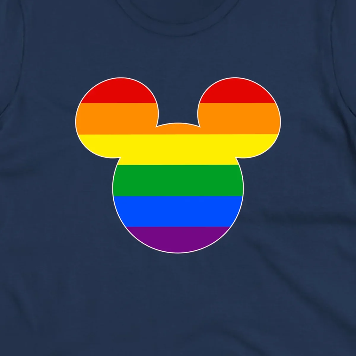 Rainbow pride flag Mickey Mouse ear silhouette with red, orange, yellow, green, blue and purple horizontal stripes