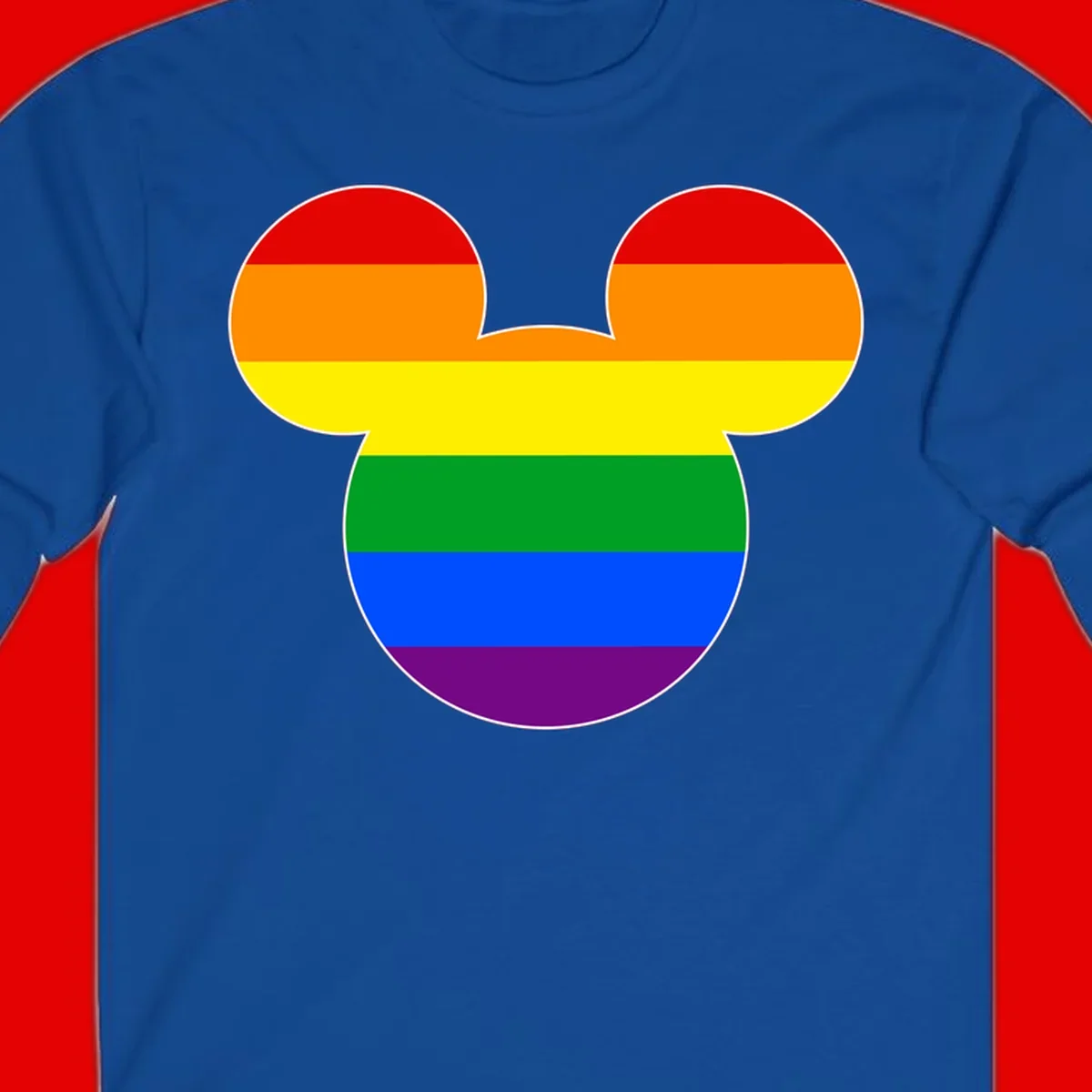Rainbow pride flag Mickey Mouse ear silhouette with red, orange, yellow, green, blue and purple horizontal stripes