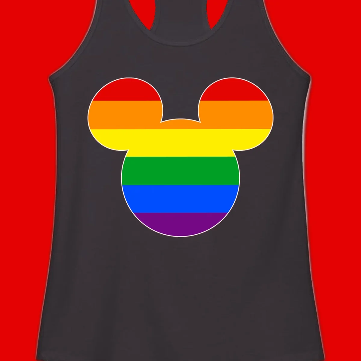 Rainbow pride flag Mickey Mouse ear silhouette with red, orange, yellow, green, blue and purple horizontal stripes