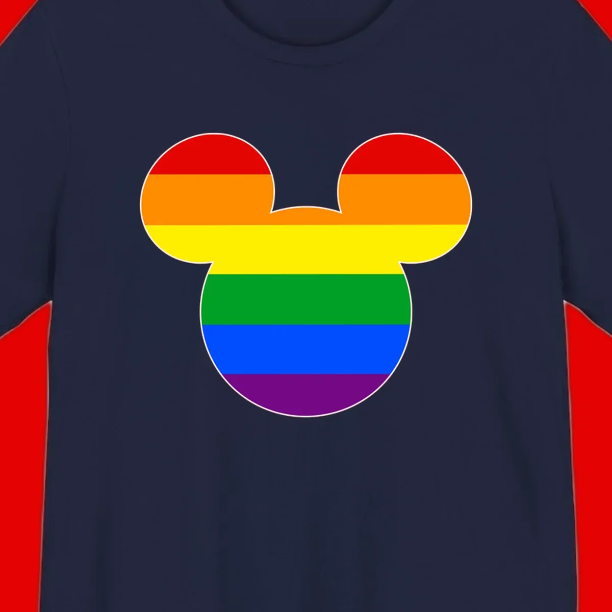 Rainbow pride flag Mickey Mouse ear silhouette with red, orange, yellow, green, blue and purple horizontal stripes
