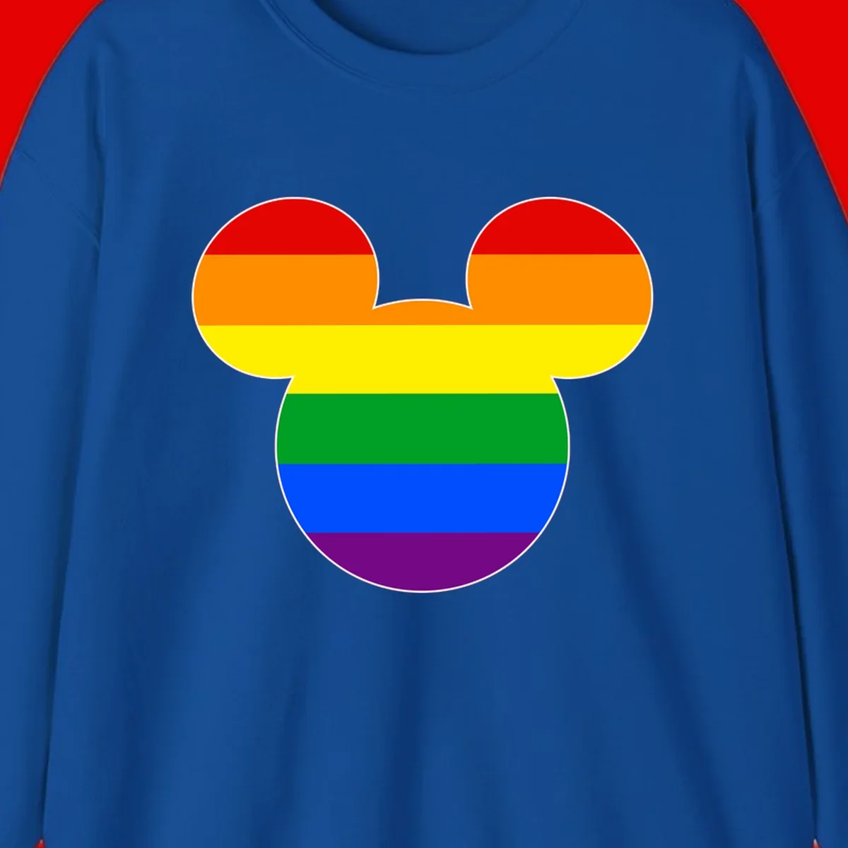 Rainbow pride flag Mickey Mouse ear silhouette with red, orange, yellow, green, blue and purple horizontal stripes