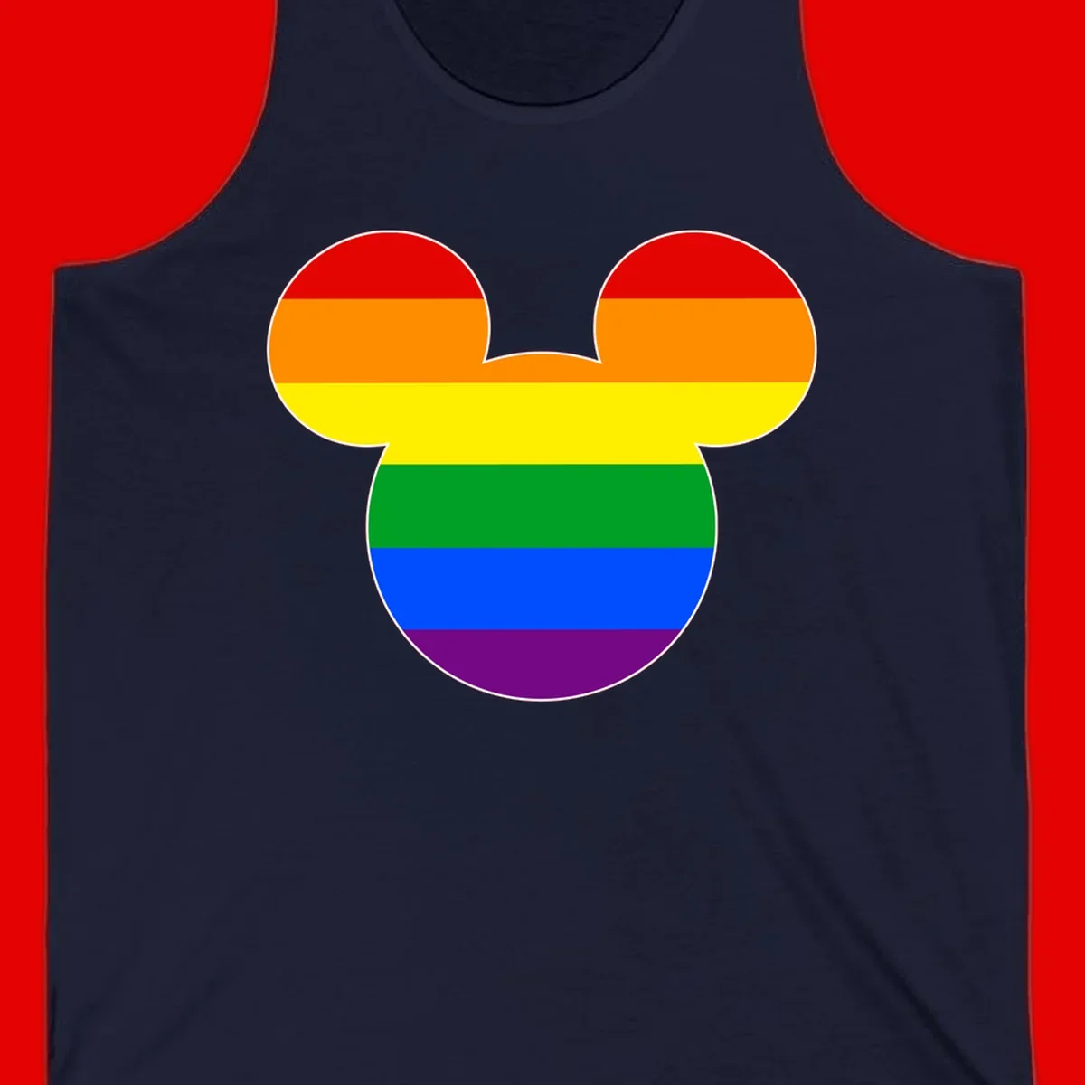 Rainbow pride flag Mickey Mouse ear silhouette with red, orange, yellow, green, blue and purple horizontal stripes