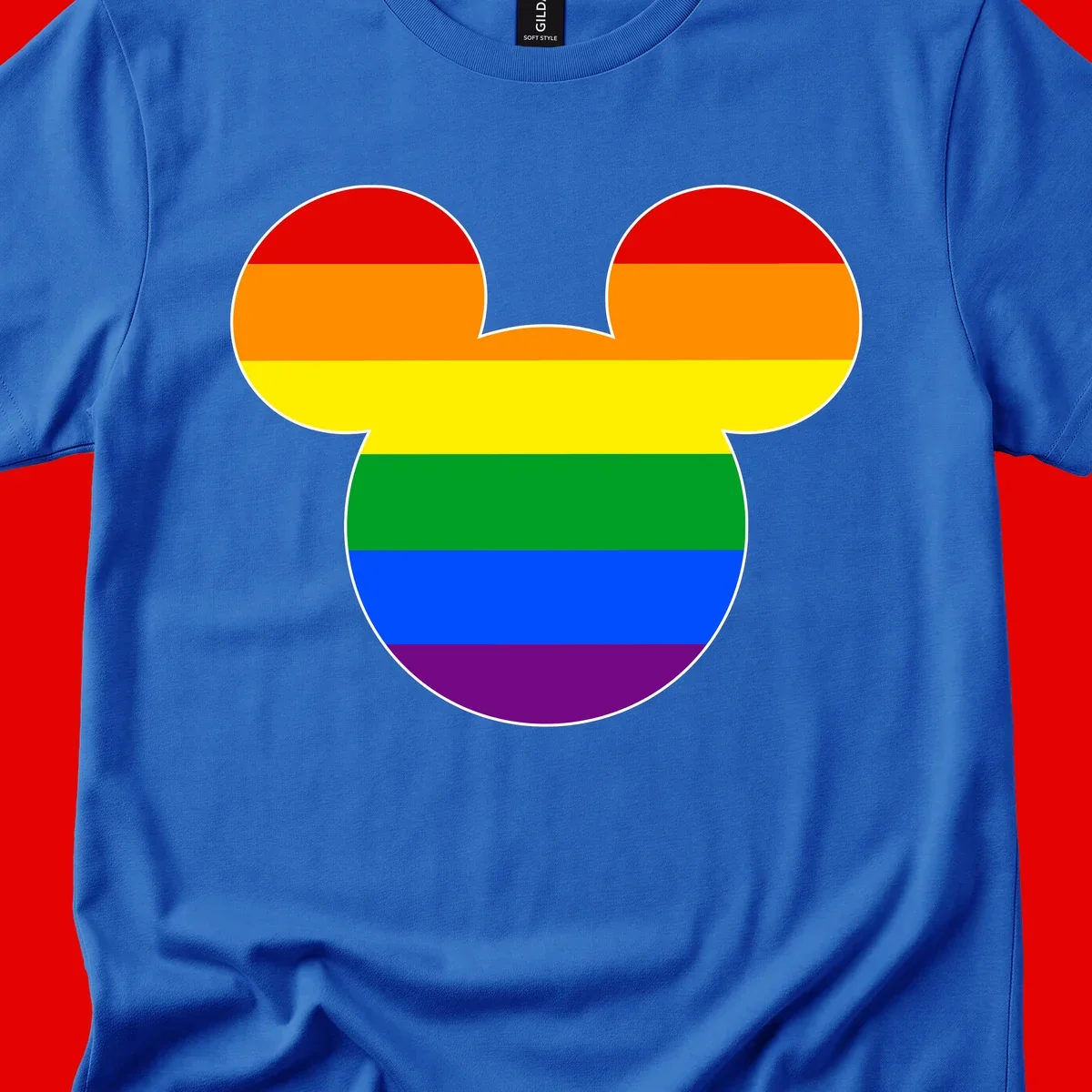 Rainbow pride flag Mickey Mouse ear silhouette with red, orange, yellow, green, blue and purple horizontal stripes