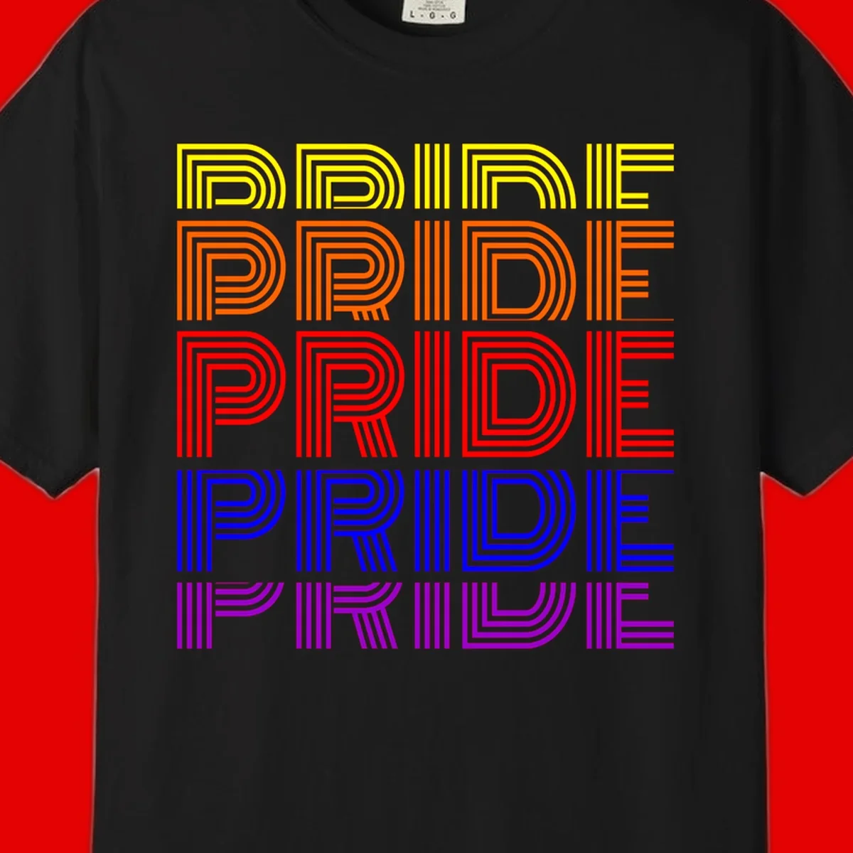 Rainbow-pride-stripes design with the word PRIDE repeated five times in yellow, orange, red, blue, and purple concentric lines on gray background
