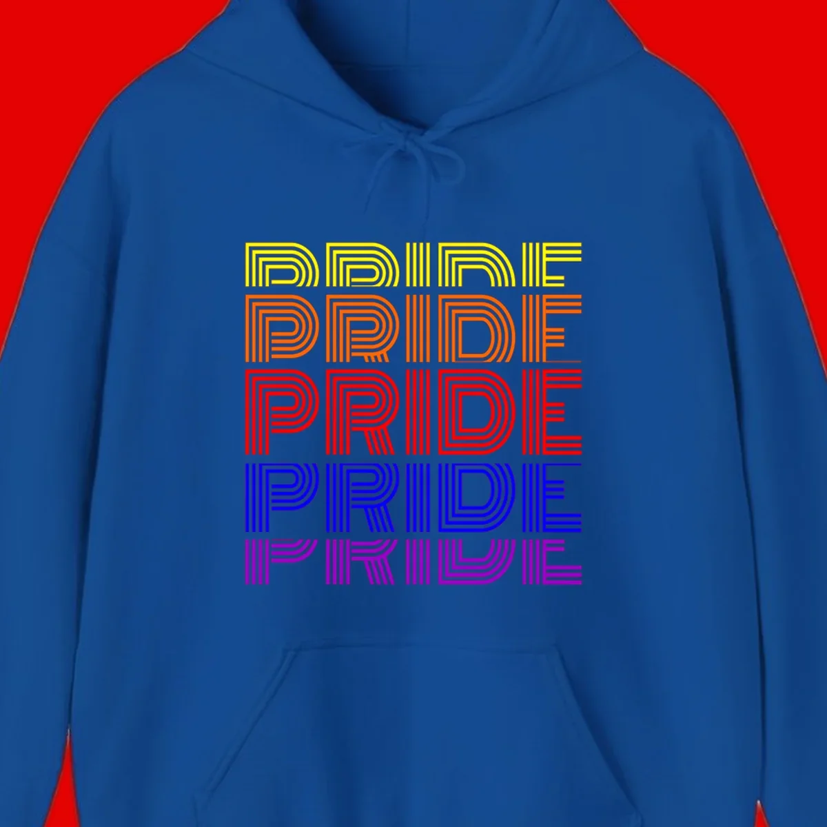 Rainbow-pride-stripes design with the word PRIDE repeated five times in yellow, orange, red, blue, and purple concentric lines on gray background