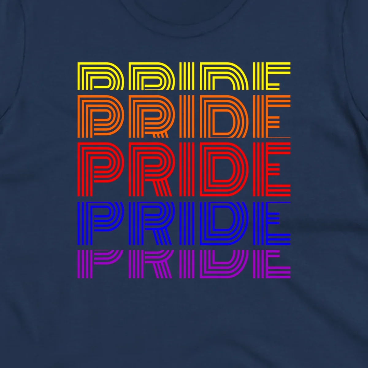 Rainbow-pride-stripes design with the word PRIDE repeated five times in yellow, orange, red, blue, and purple concentric lines on gray background