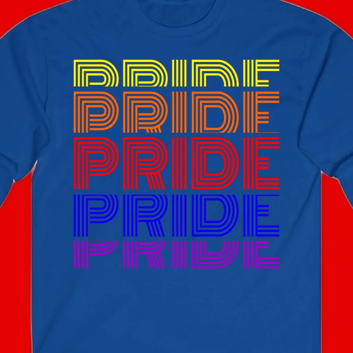 Rainbow-pride-stripes design with the word PRIDE repeated five times in yellow, orange, red, blue, and purple concentric lines on gray background