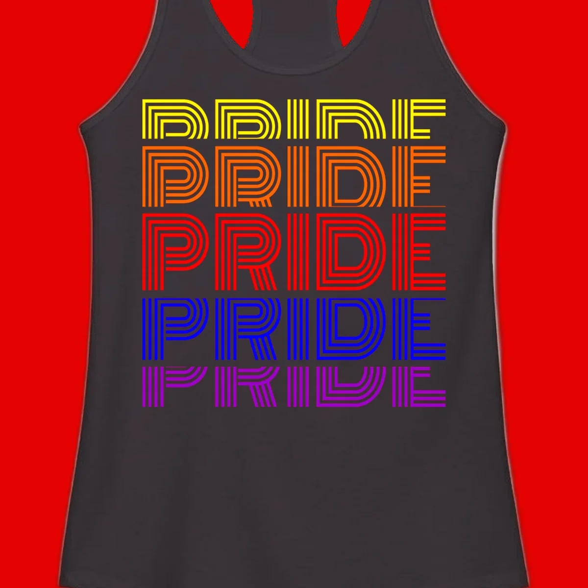 Rainbow-pride-stripes design with the word PRIDE repeated five times in yellow, orange, red, blue, and purple concentric lines on gray background