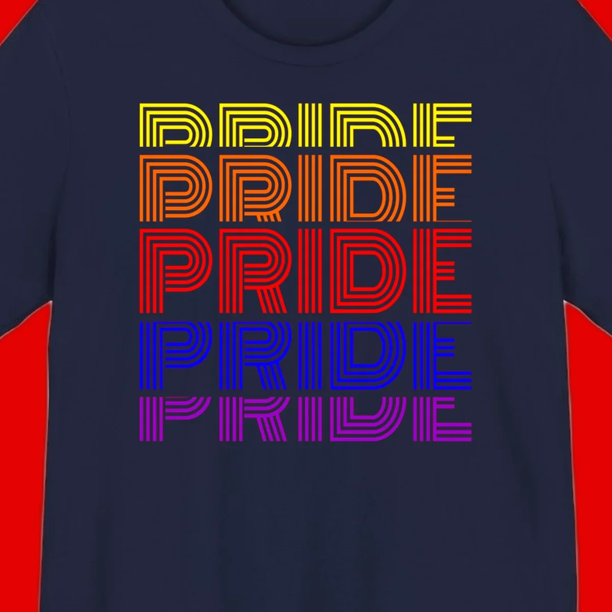 Rainbow-pride-stripes design with the word PRIDE repeated five times in yellow, orange, red, blue, and purple concentric lines on gray background