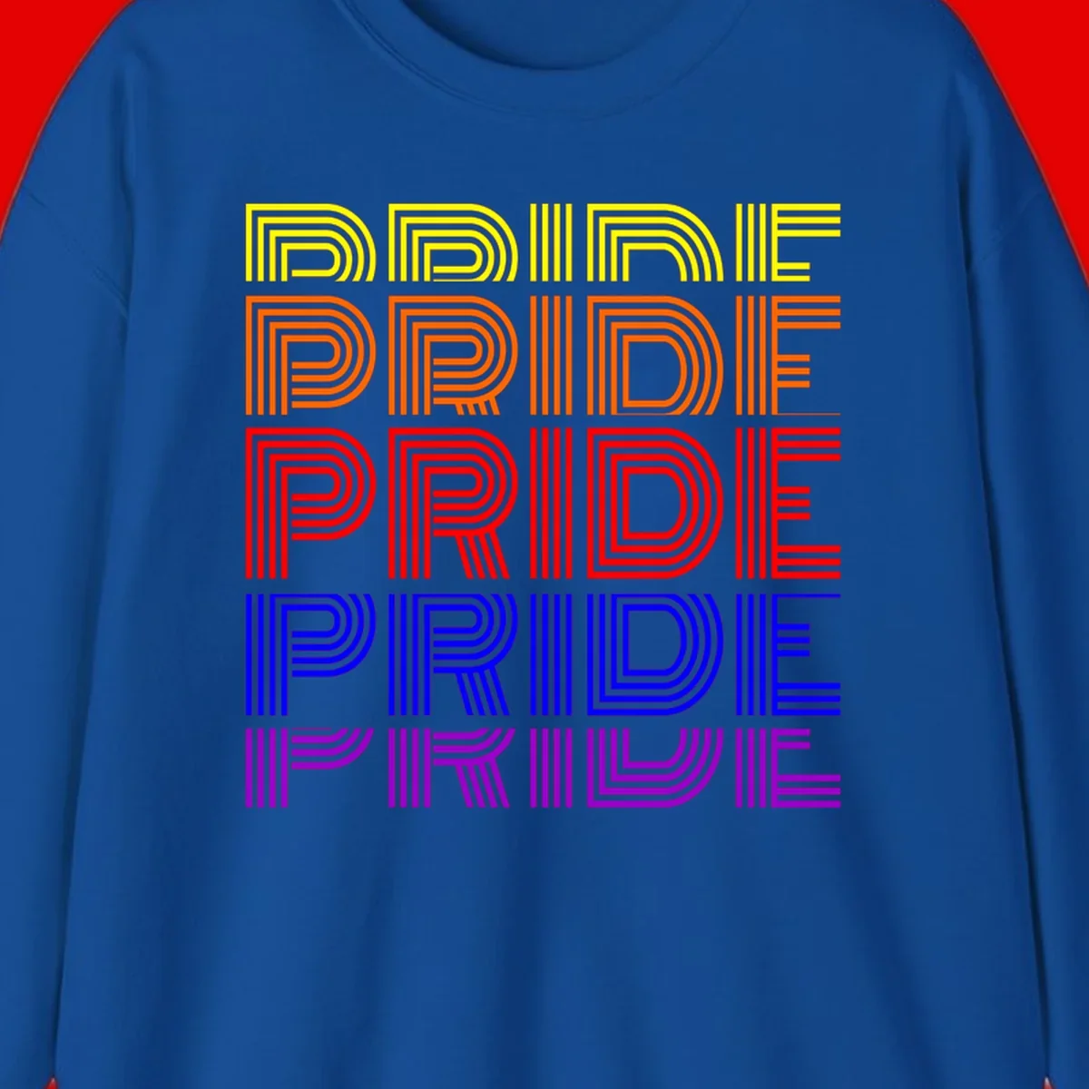 Rainbow-pride-stripes design with the word PRIDE repeated five times in yellow, orange, red, blue, and purple concentric lines on gray background