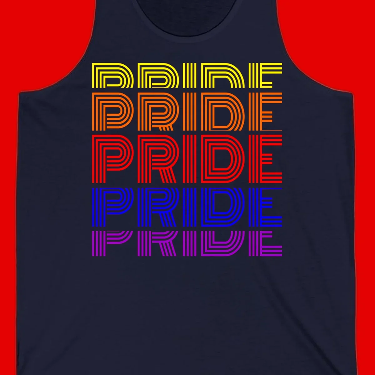 Rainbow-pride-stripes design with the word PRIDE repeated five times in yellow, orange, red, blue, and purple concentric lines on gray background