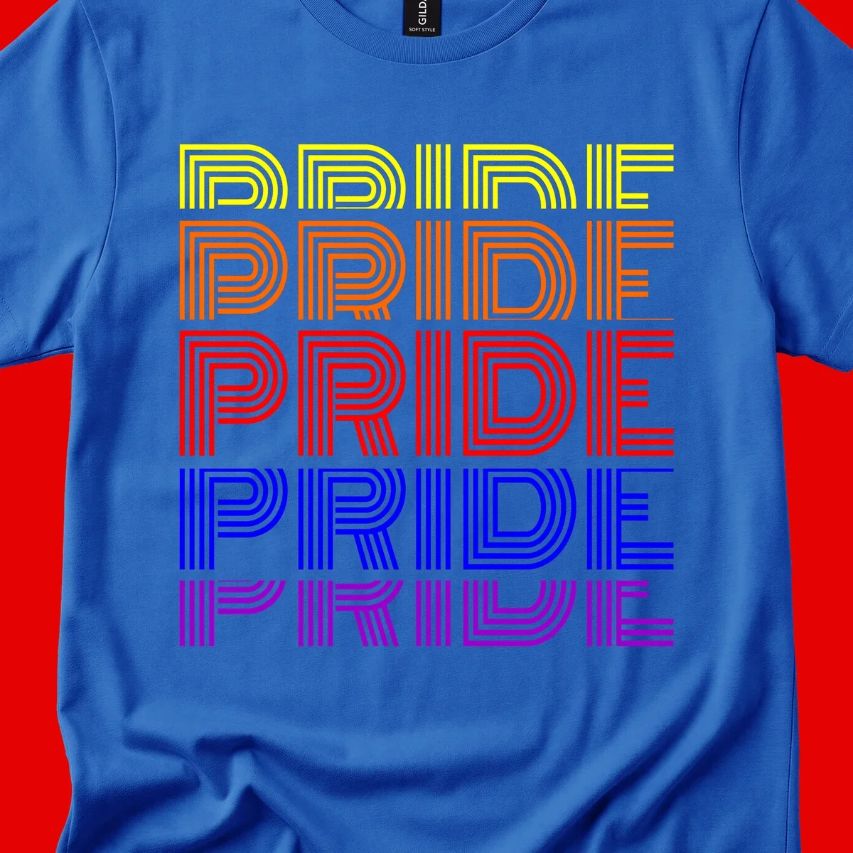 Rainbow-pride-stripes design with the word PRIDE repeated five times in yellow, orange, red, blue, and purple concentric lines on gray background