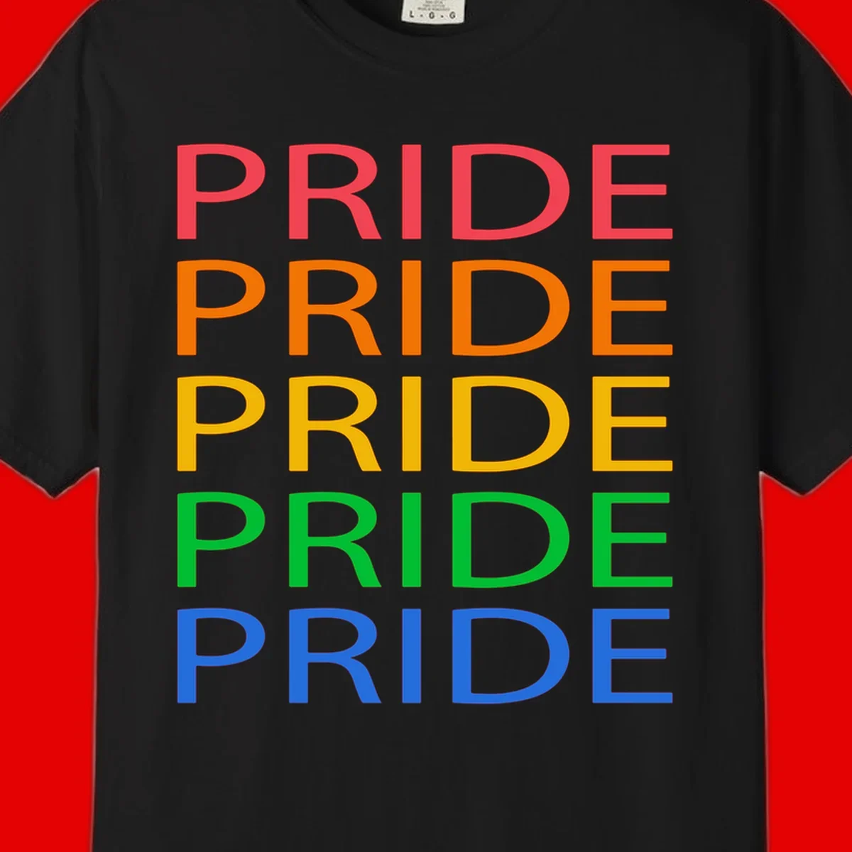 Rainbow pride repeating text design with the word PRIDE stacked five times in red, orange, yellow, green, and blue colors on gray background
