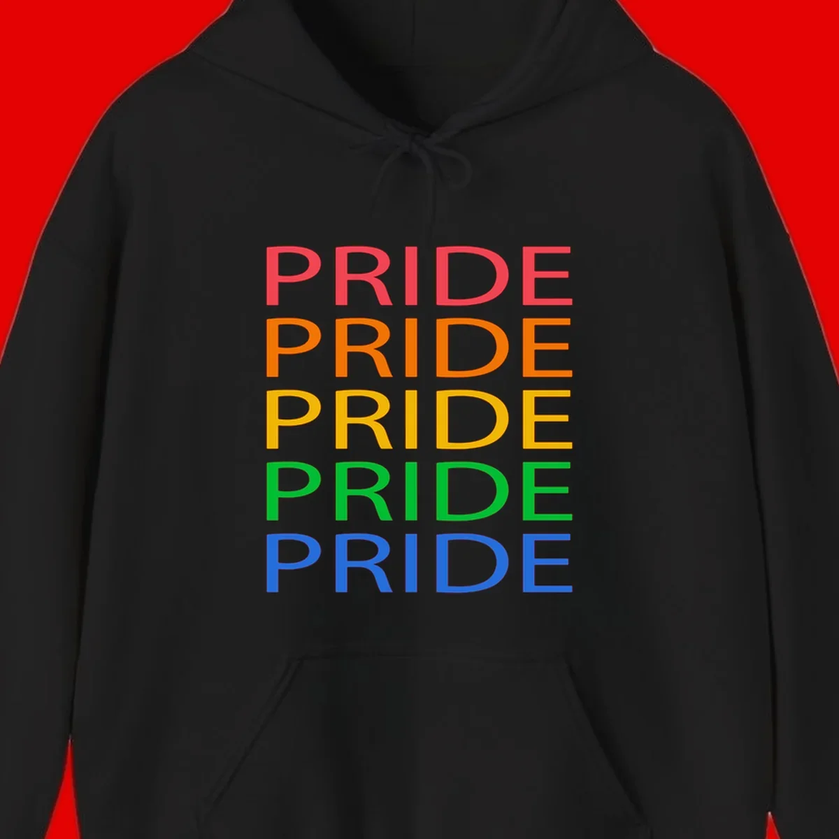 Rainbow pride repeating text design with the word PRIDE stacked five times in red, orange, yellow, green, and blue colors on gray background