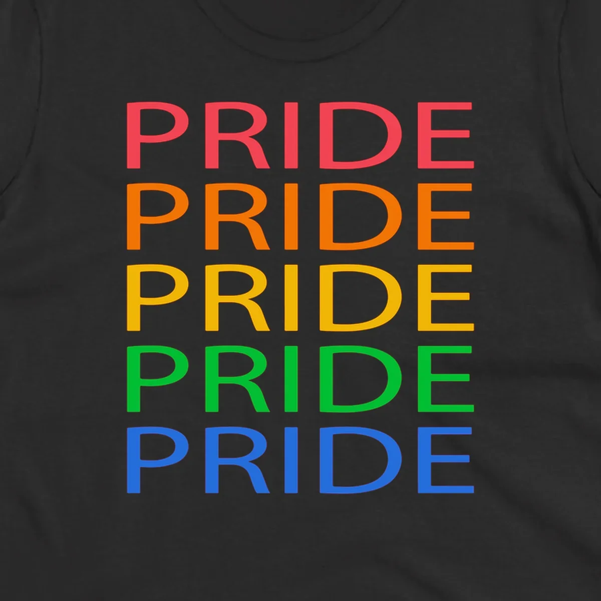 Rainbow pride repeating text design with the word PRIDE stacked five times in red, orange, yellow, green, and blue colors on gray background