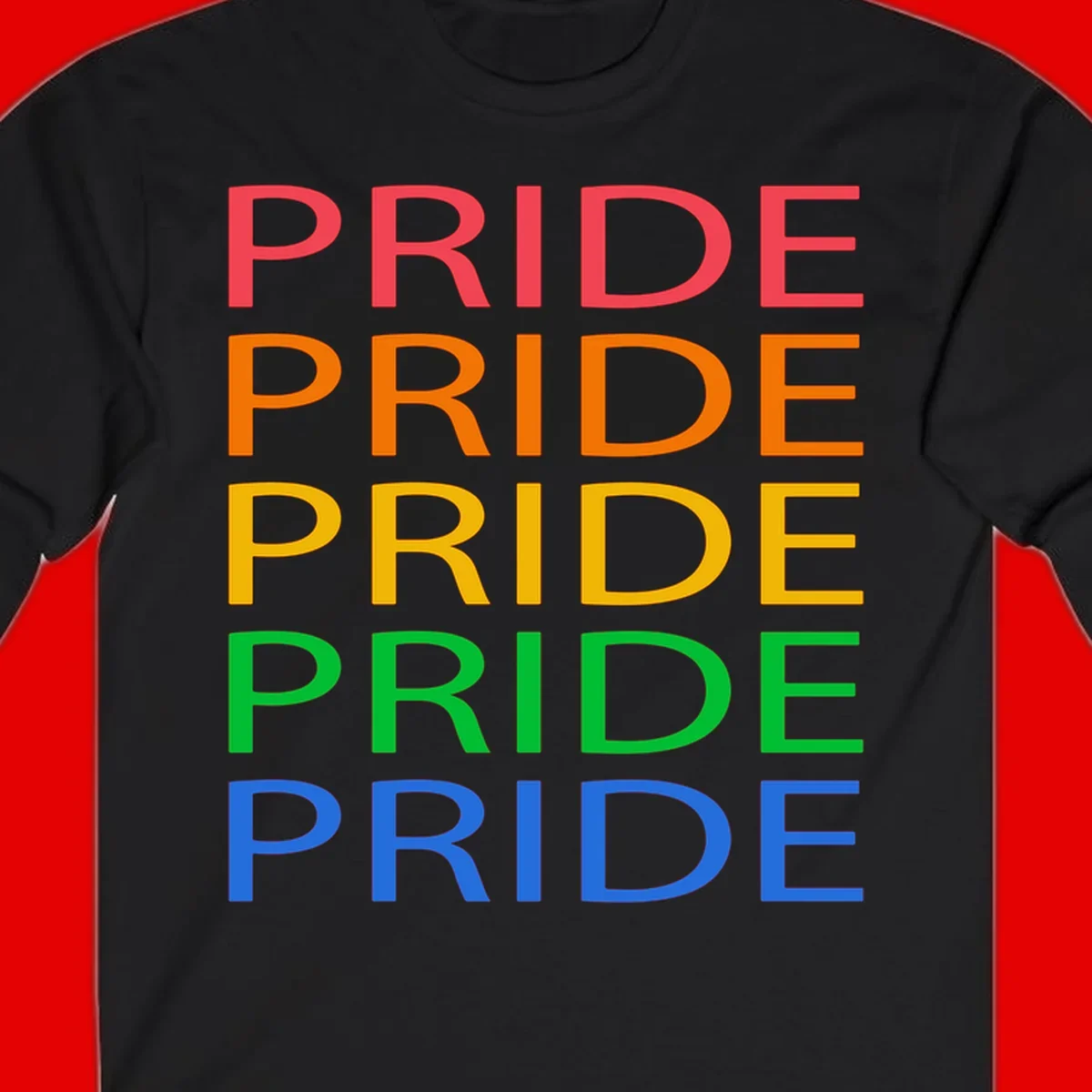 Rainbow pride repeating text design with the word PRIDE stacked five times in red, orange, yellow, green, and blue colors on gray background