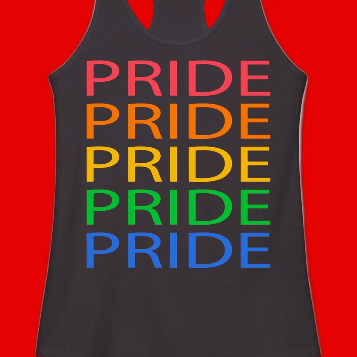 Rainbow pride repeating text design with the word PRIDE stacked five times in red, orange, yellow, green, and blue colors on gray background