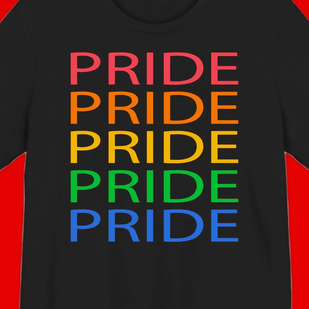Rainbow pride repeating text design with the word PRIDE stacked five times in red, orange, yellow, green, and blue colors on gray background