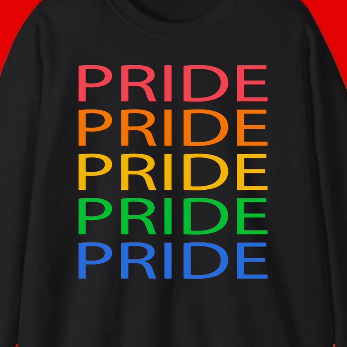 Rainbow pride repeating text design with the word PRIDE stacked five times in red, orange, yellow, green, and blue colors on gray background