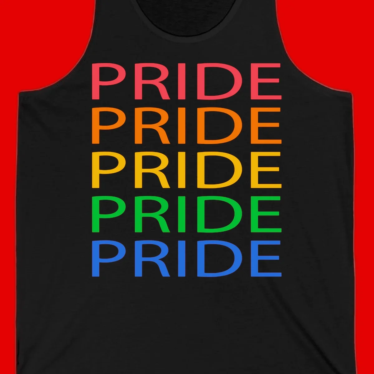 Rainbow pride repeating text design with the word PRIDE stacked five times in red, orange, yellow, green, and blue colors on gray background