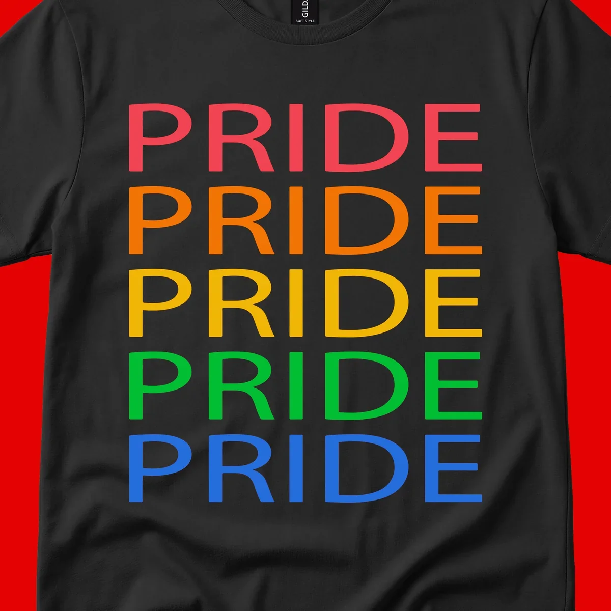 Rainbow pride repeating text design with the word PRIDE stacked five times in red, orange, yellow, green, and blue colors on gray background