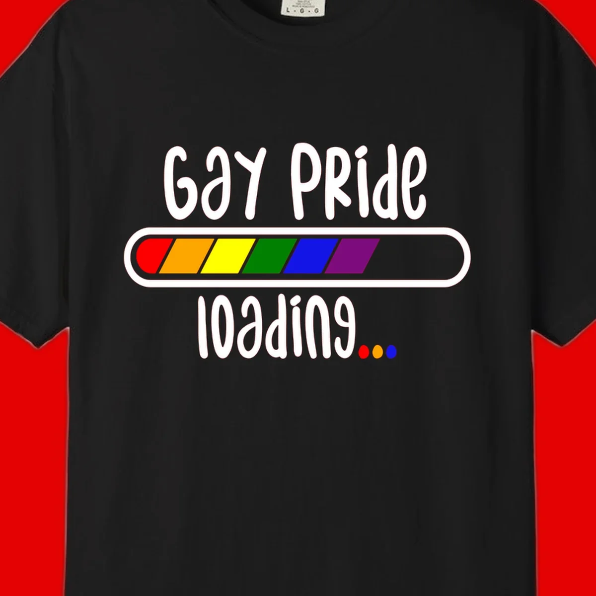Gay pride loading bar design with rainbow progress indicator and loading text on gray background