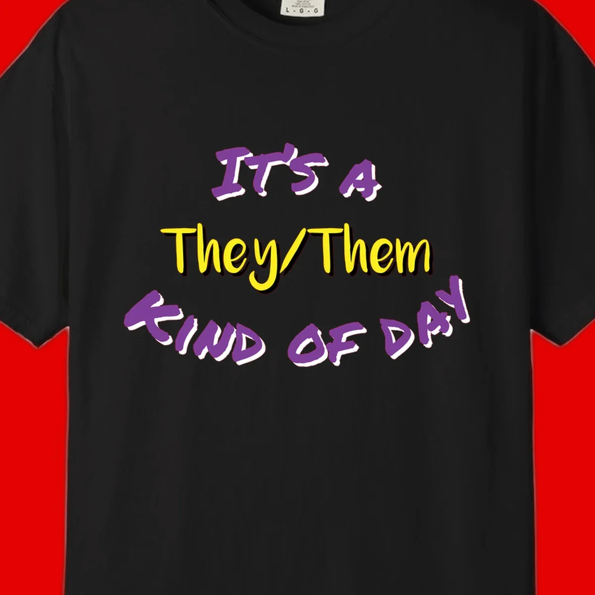 Bold purple and yellow text reading 'It's A They/Them Study of Pride' on gray background, celebrating pronoun inclusivity and LGBTQ+ pride.