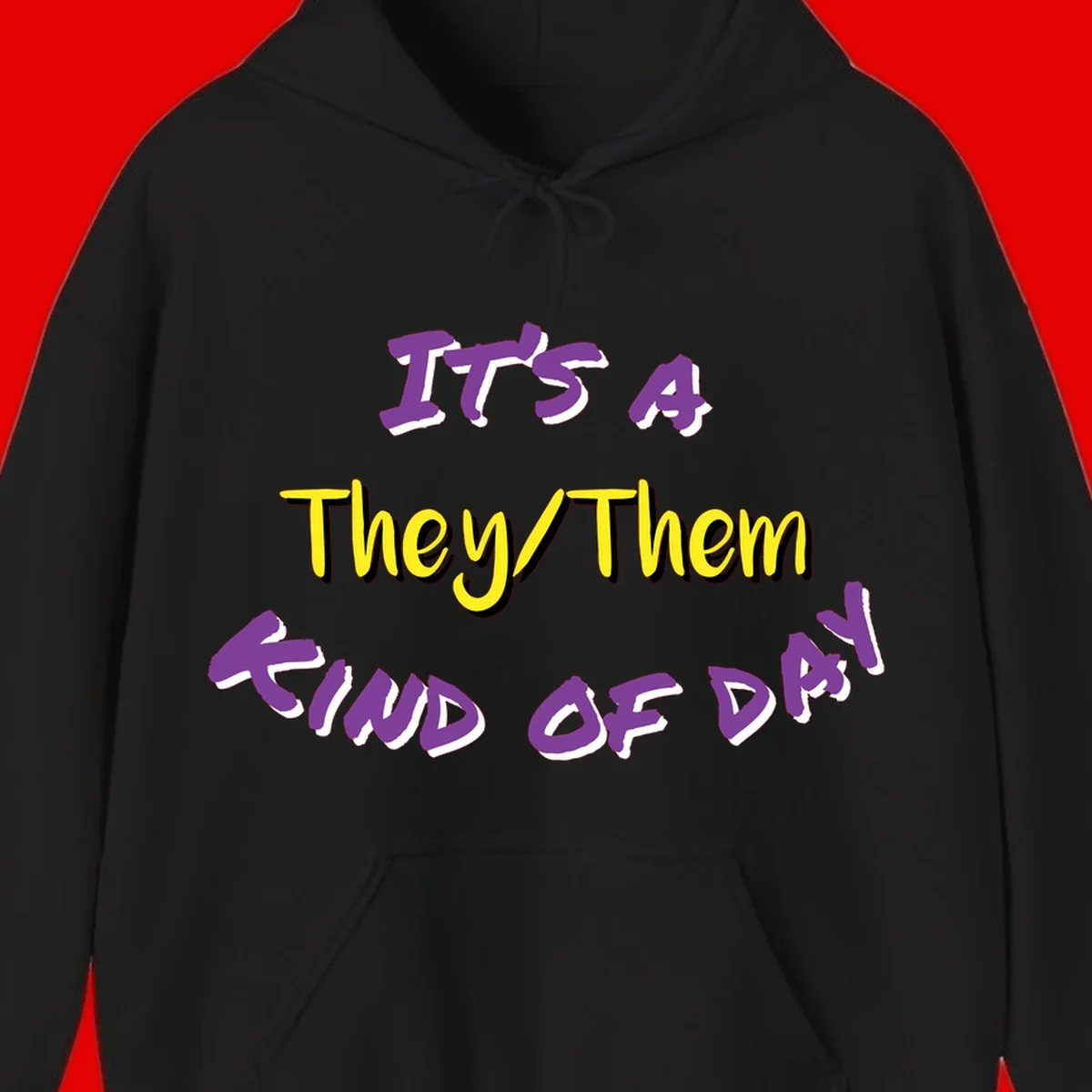 Bold purple and yellow text reading 'It's A They/Them Study of Pride' on gray background, celebrating pronoun inclusivity and LGBTQ+ pride.