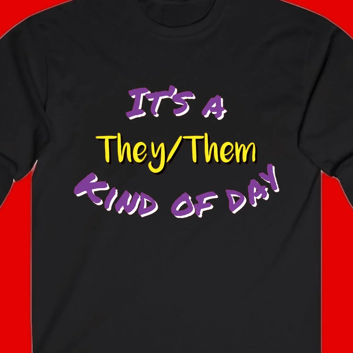 Bold purple and yellow text reading 'It's A They/Them Study of Pride' on gray background, celebrating pronoun inclusivity and LGBTQ+ pride.