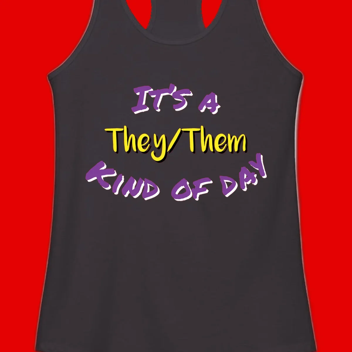 Bold purple and yellow text reading 'It's A They/Them Study of Pride' on gray background, celebrating pronoun inclusivity and LGBTQ+ pride.