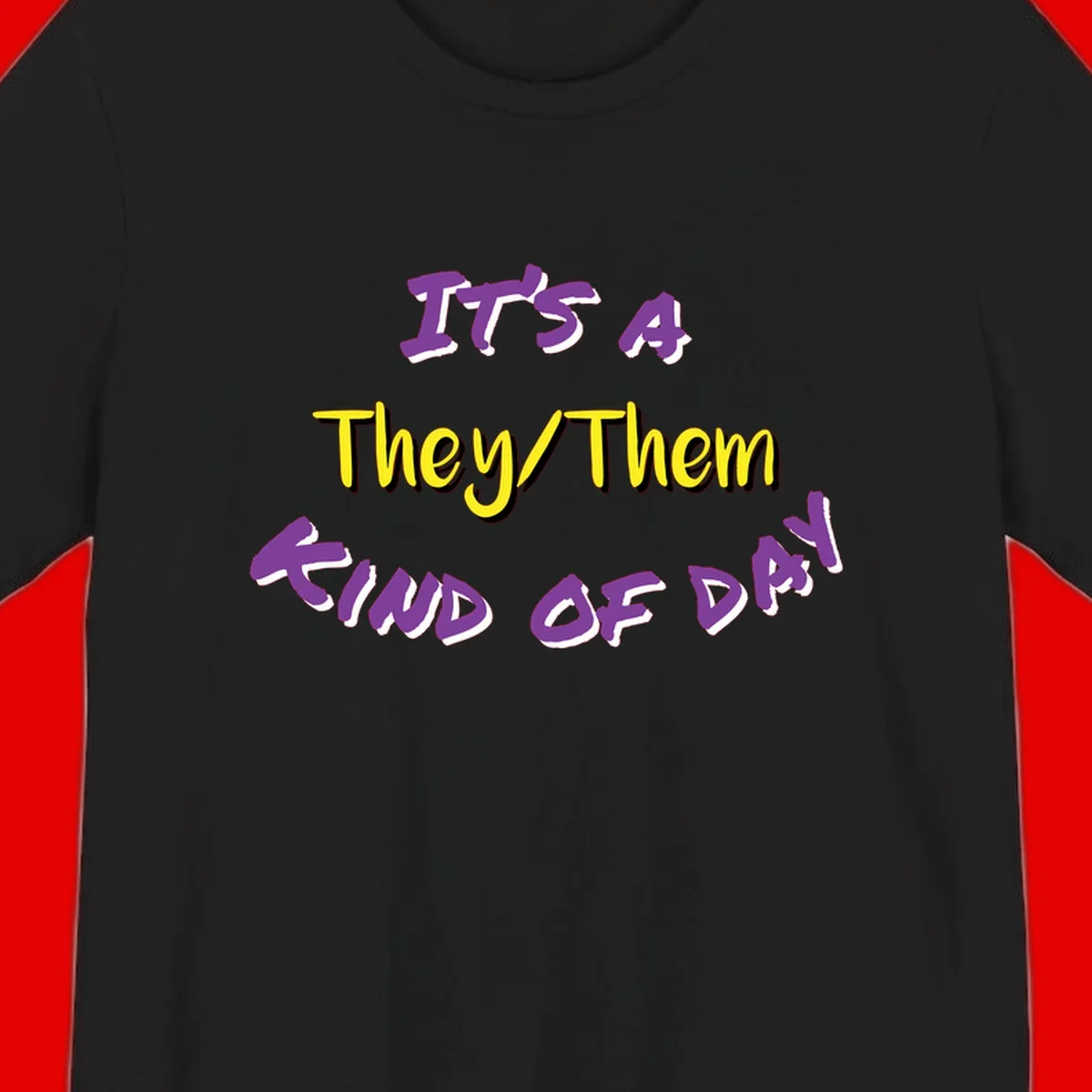 Bold purple and yellow text reading 'It's A They/Them Study of Pride' on gray background, celebrating pronoun inclusivity and LGBTQ+ pride.