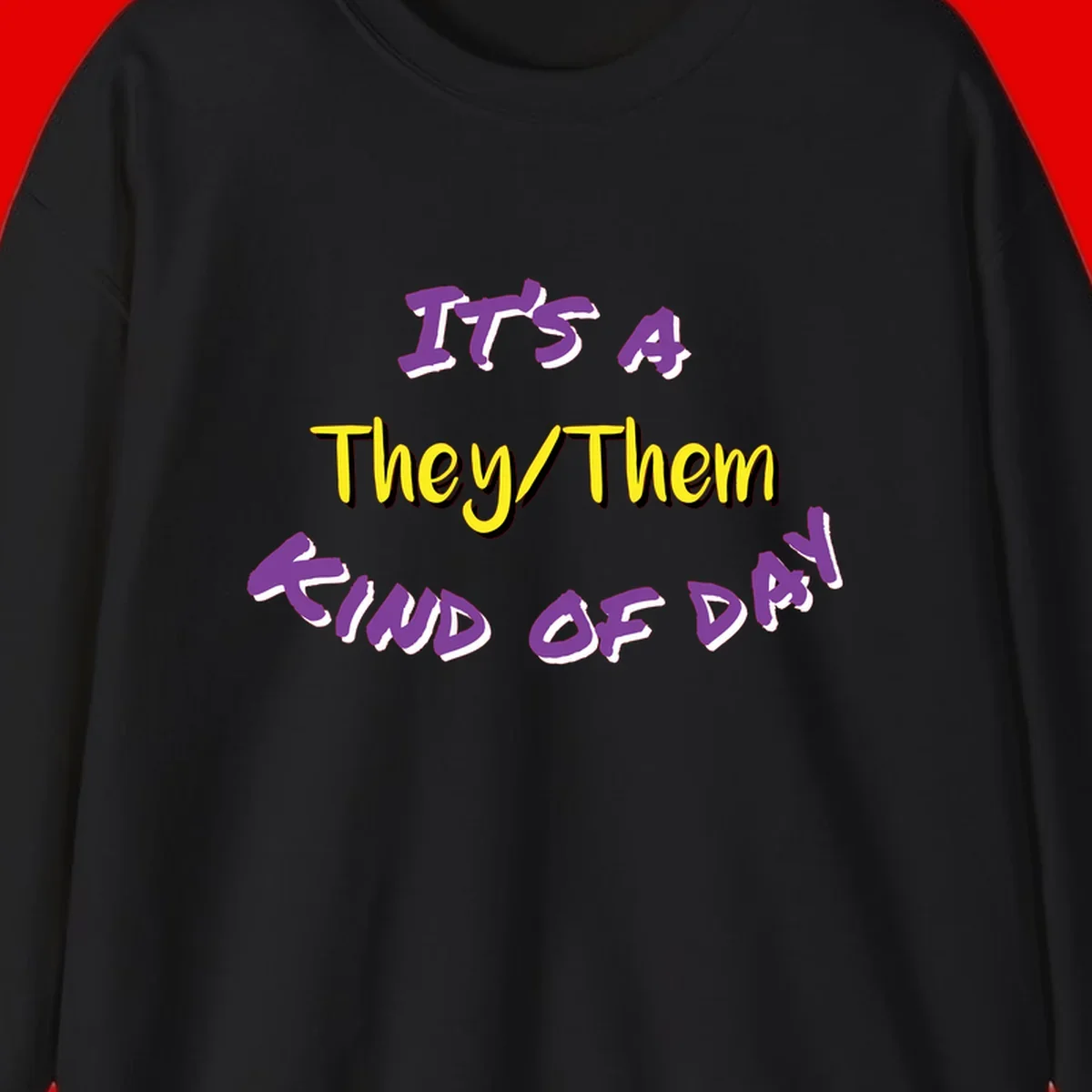 Bold purple and yellow text reading 'It's A They/Them Study of Pride' on gray background, celebrating pronoun inclusivity and LGBTQ+ pride.