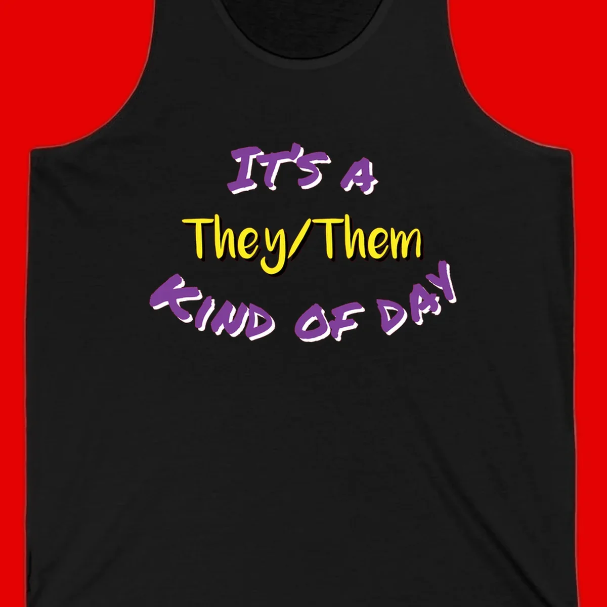 Bold purple and yellow text reading 'It's A They/Them Study of Pride' on gray background, celebrating pronoun inclusivity and LGBTQ+ pride.