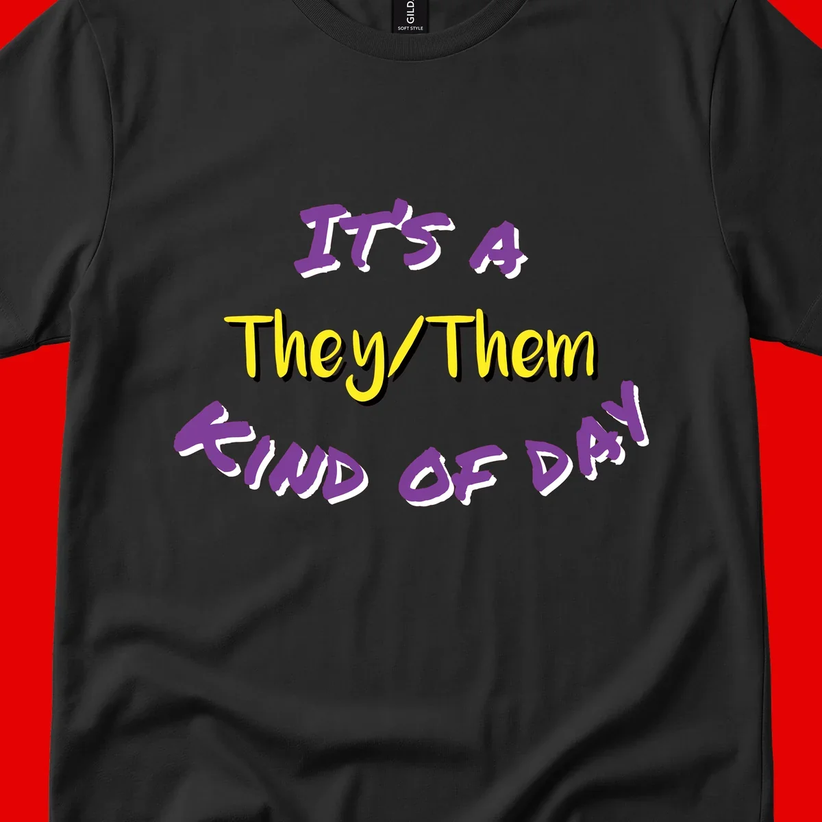 Bold purple and yellow text reading 'It's A They/Them Study of Pride' on gray background, celebrating pronoun inclusivity and LGBTQ+ pride.