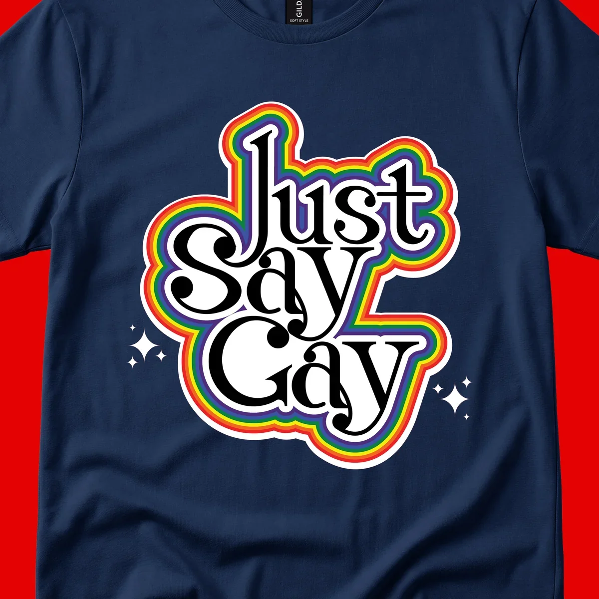 Just Say Gay Pride design with bold black text surrounded by vibrant rainbow border and sparkle accents on gray background