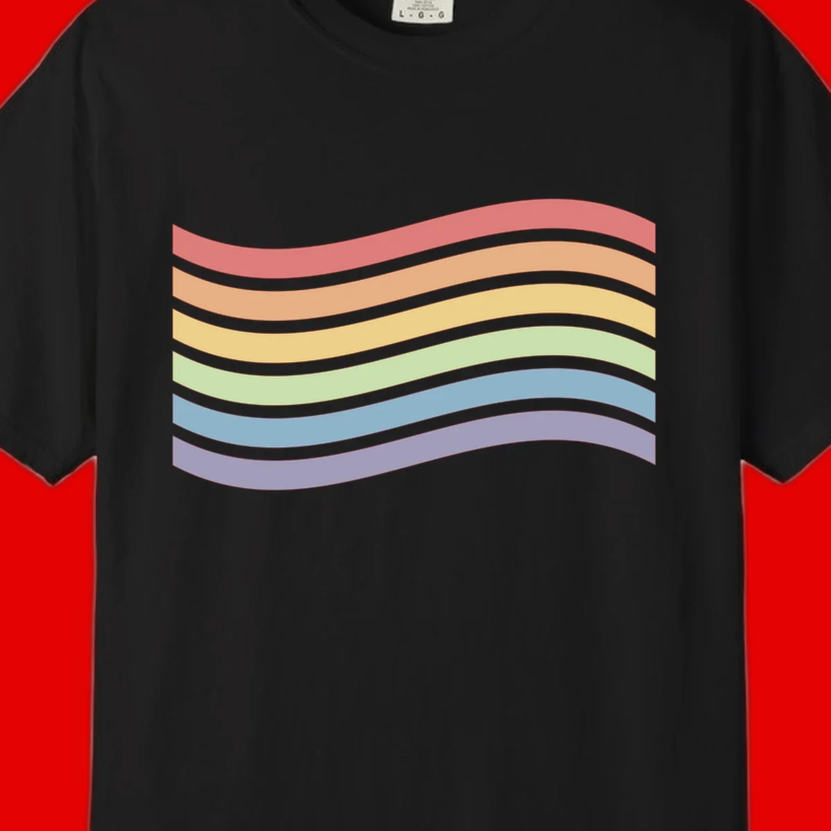 Seven horizontal wavy stripes in rainbow colors separated by gray bands, creating flowing waves against a gray background
