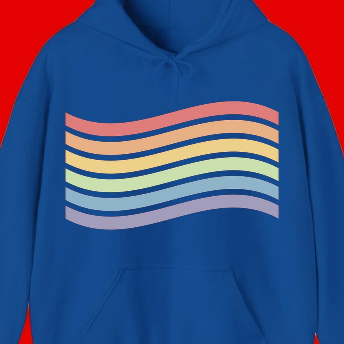 Seven horizontal wavy stripes in rainbow colors separated by gray bands, creating flowing waves against a gray background