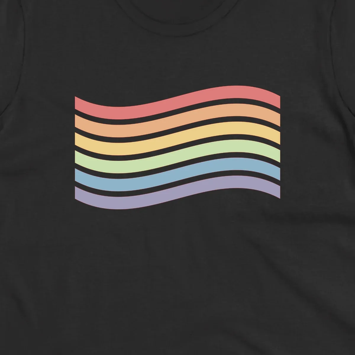 Seven horizontal wavy stripes in rainbow colors separated by gray bands, creating flowing waves against a gray background