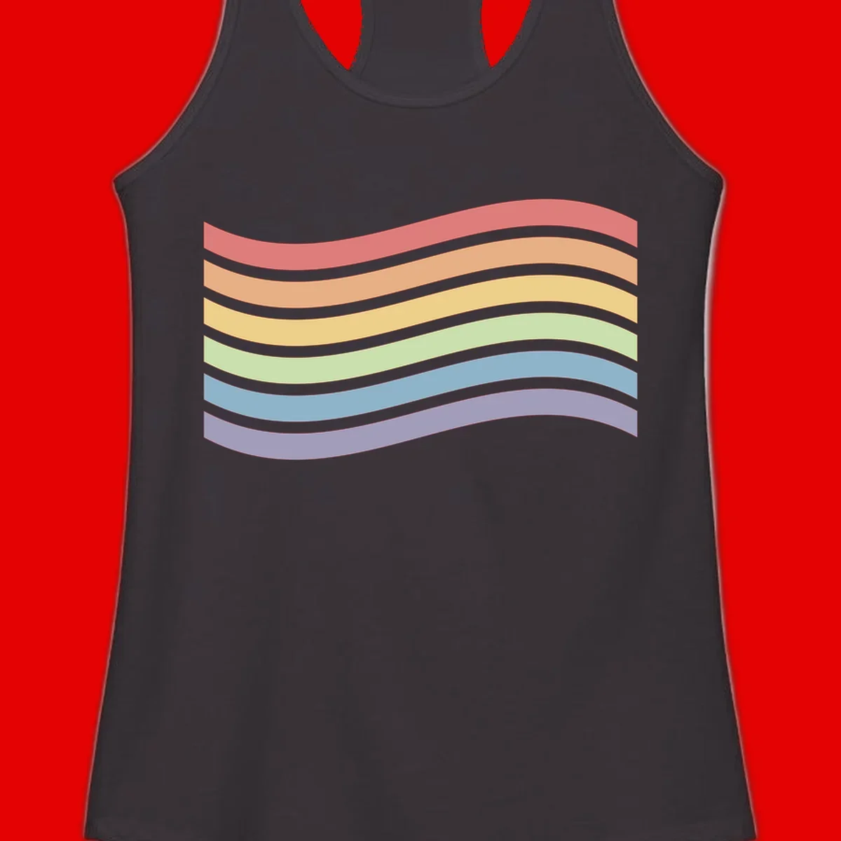 Seven horizontal wavy stripes in rainbow colors separated by gray bands, creating flowing waves against a gray background