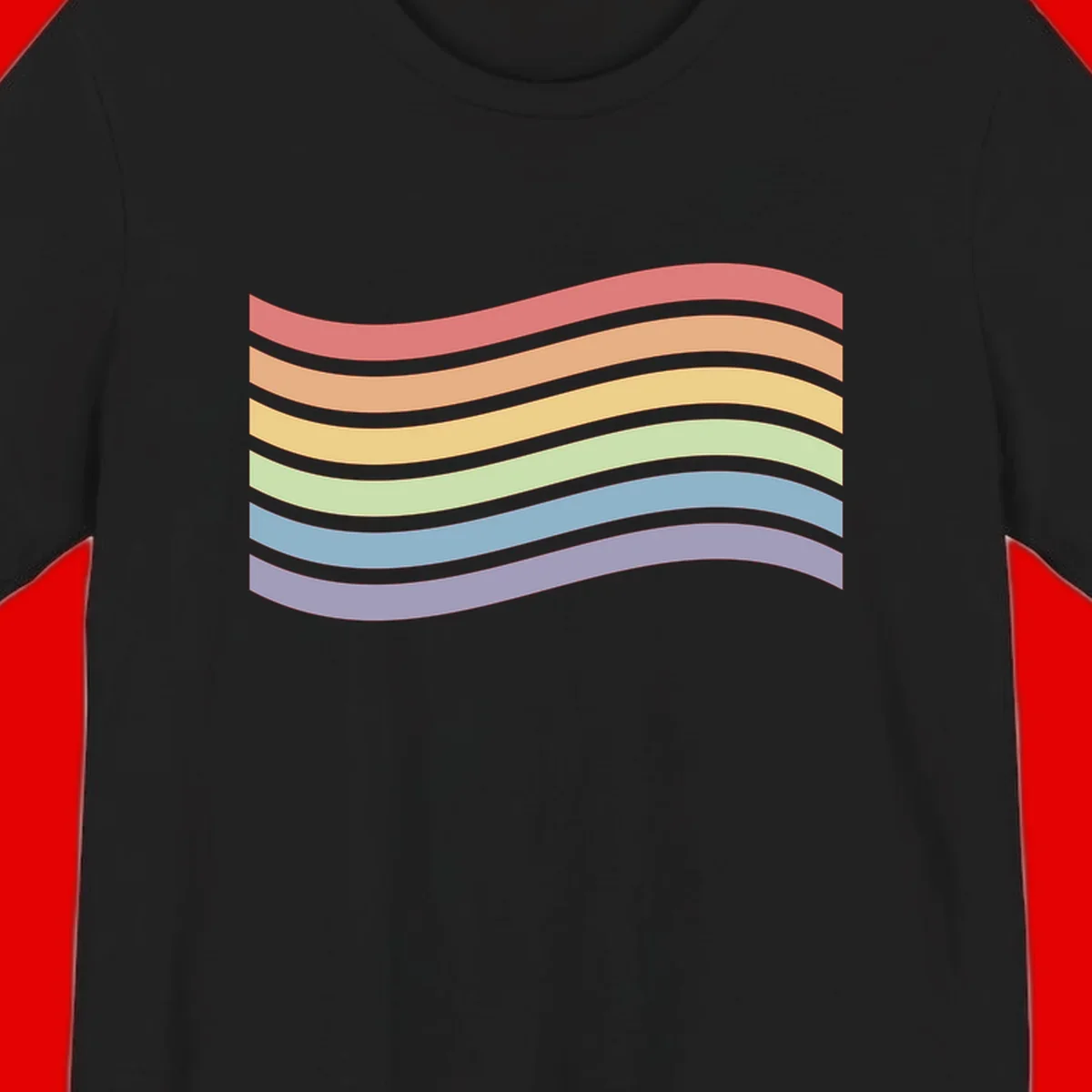 Seven horizontal wavy stripes in rainbow colors separated by gray bands, creating flowing waves against a gray background