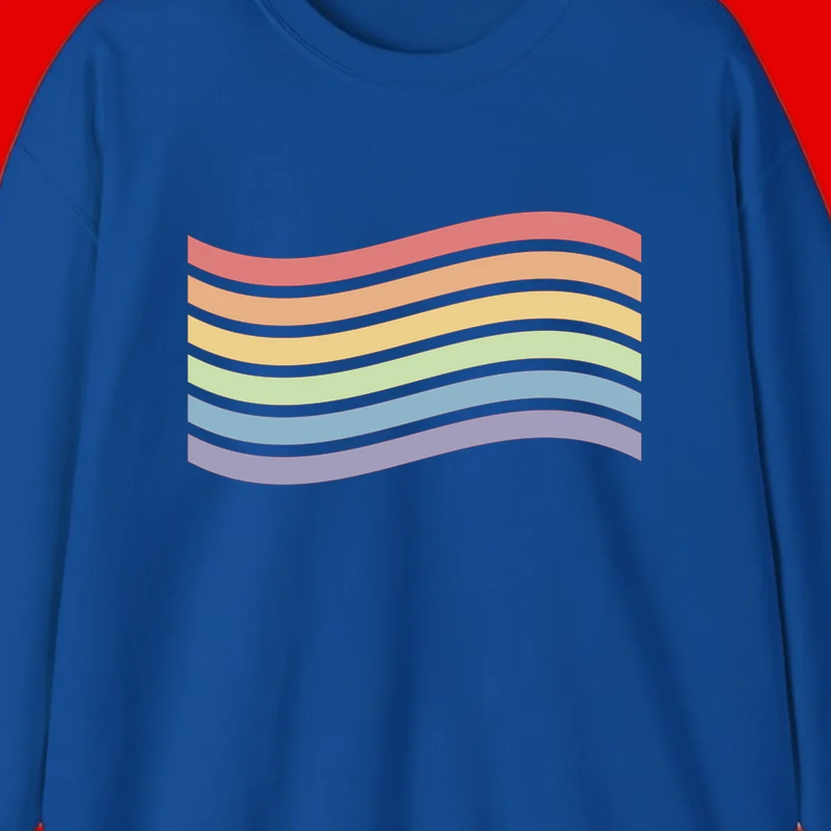 Seven horizontal wavy stripes in rainbow colors separated by gray bands, creating flowing waves against a gray background