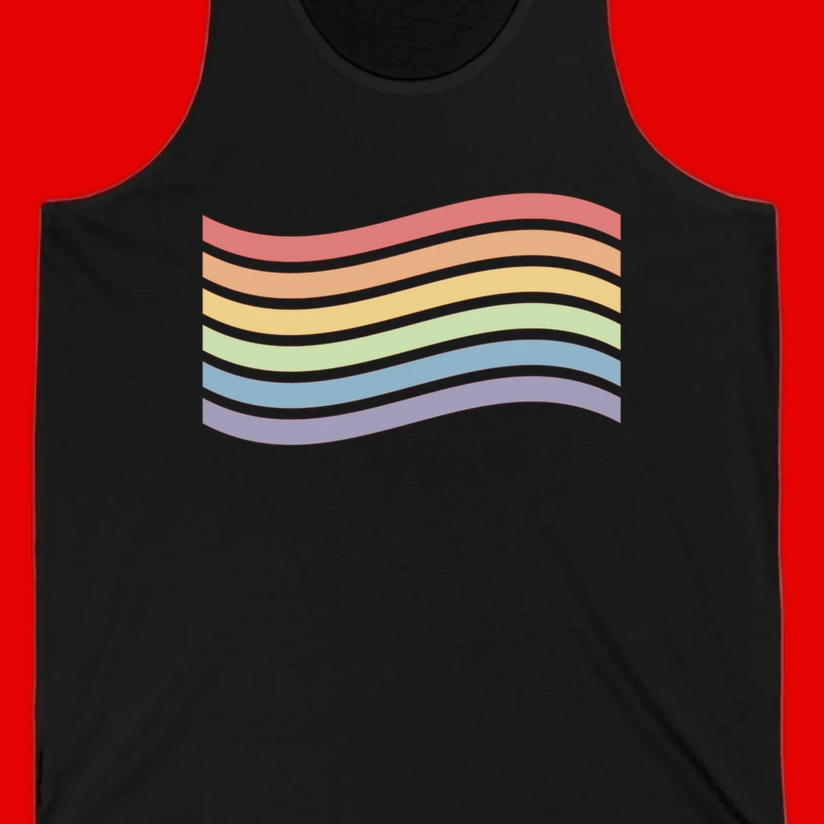 Seven horizontal wavy stripes in rainbow colors separated by gray bands, creating flowing waves against a gray background