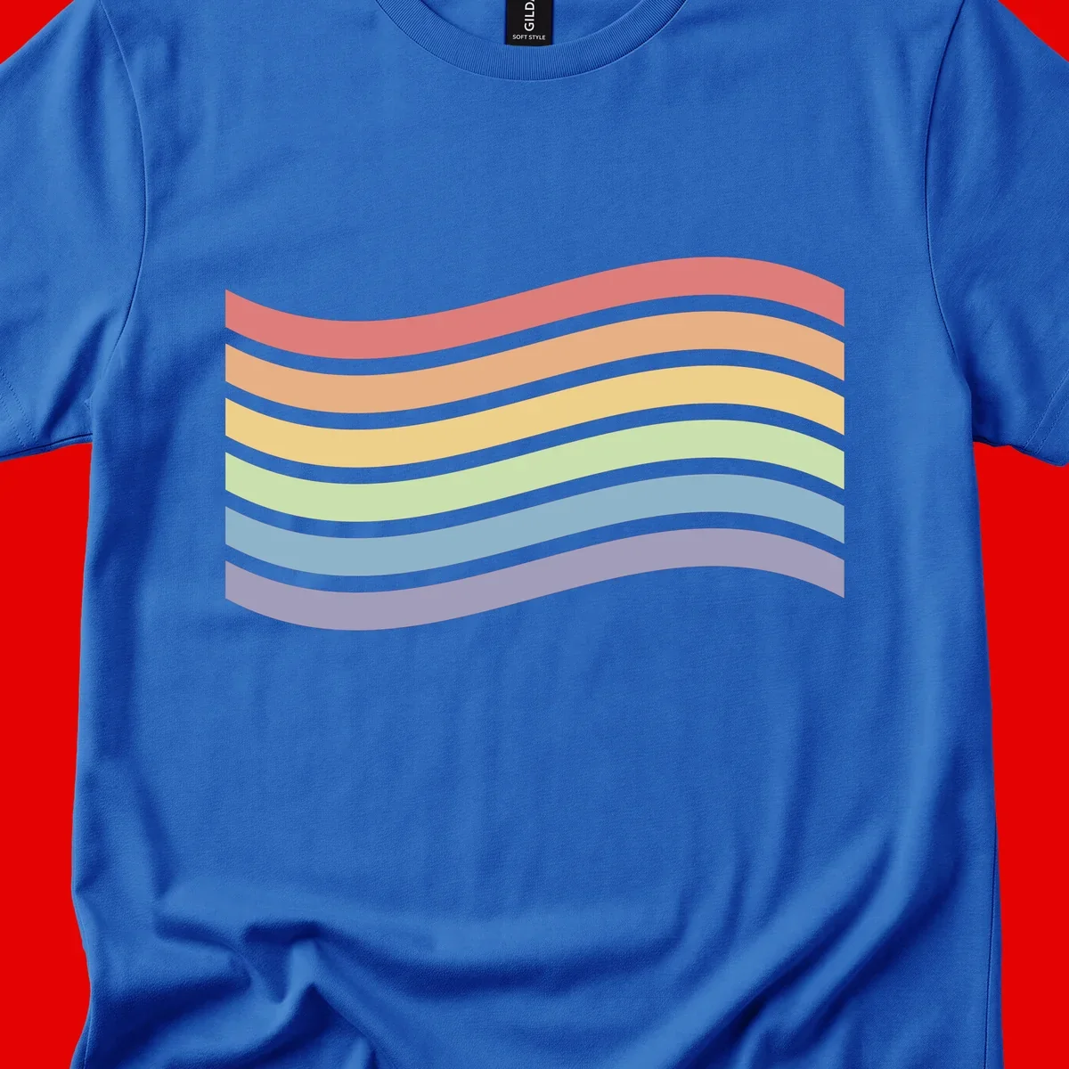 Seven horizontal wavy stripes in rainbow colors separated by gray bands, creating flowing waves against a gray background