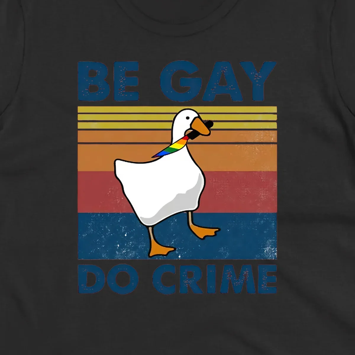 White duck with rainbow wing on retro striped background with 'Be Gay Do Crime' text, pride design