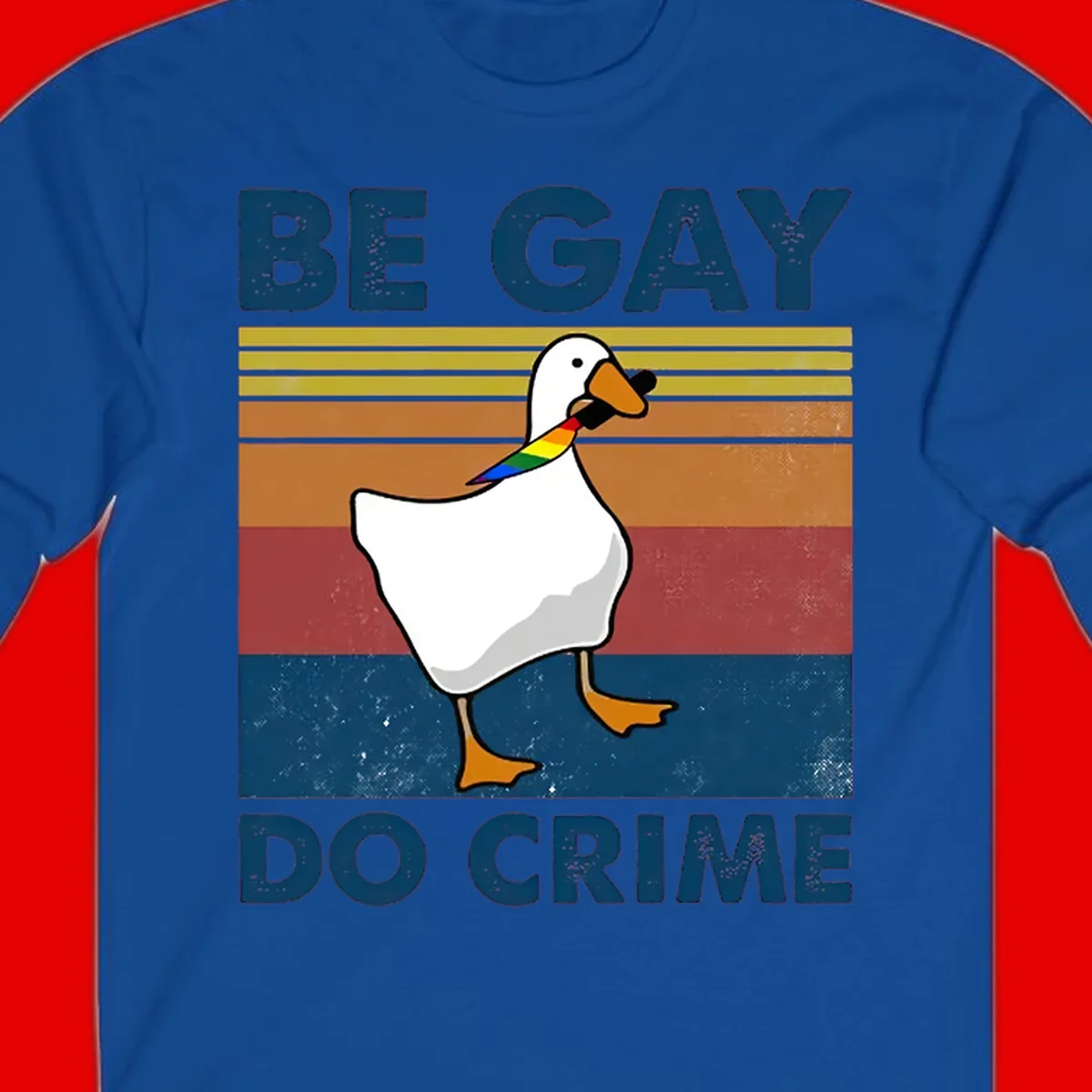 White duck with rainbow wing on retro striped background with 'Be Gay Do Crime' text, pride design