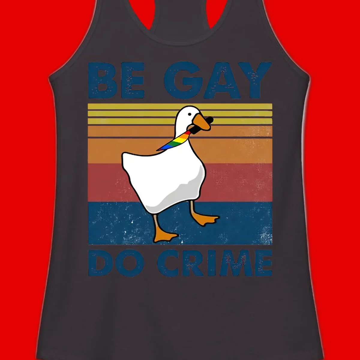 White duck with rainbow wing on retro striped background with 'Be Gay Do Crime' text, pride design