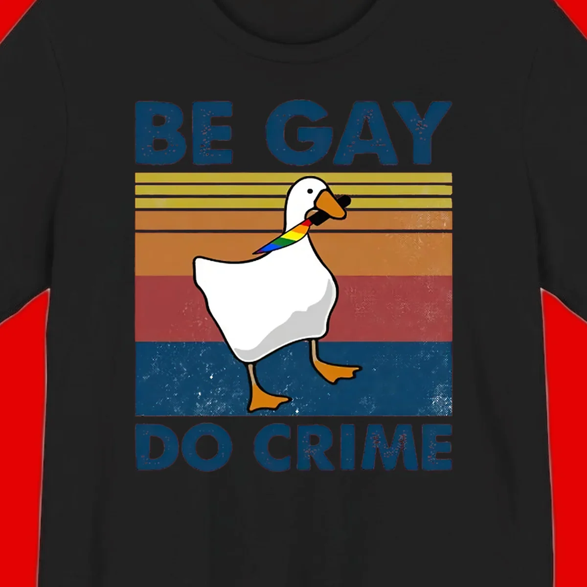 White duck with rainbow wing on retro striped background with 'Be Gay Do Crime' text, pride design