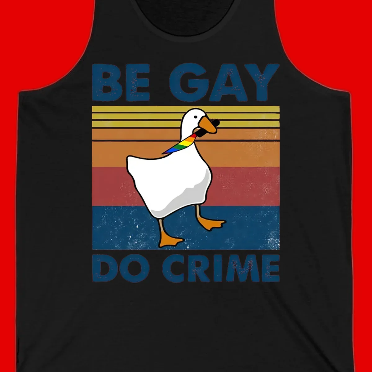 White duck with rainbow wing on retro striped background with 'Be Gay Do Crime' text, pride design